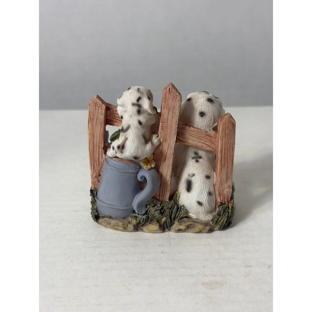 Vintage Dalmatian Puppies Garden Fence Watering Can Resin Figurine Decor